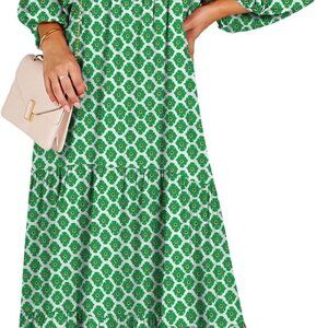 Womens Boho Maxi Dresses 2025 Summer V Neck Puff Sleeve Floral Flowy Swing Casua